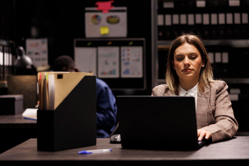 A person photographing their phone on a desk, surrounded by detailed construction plans for a private civil investigation.