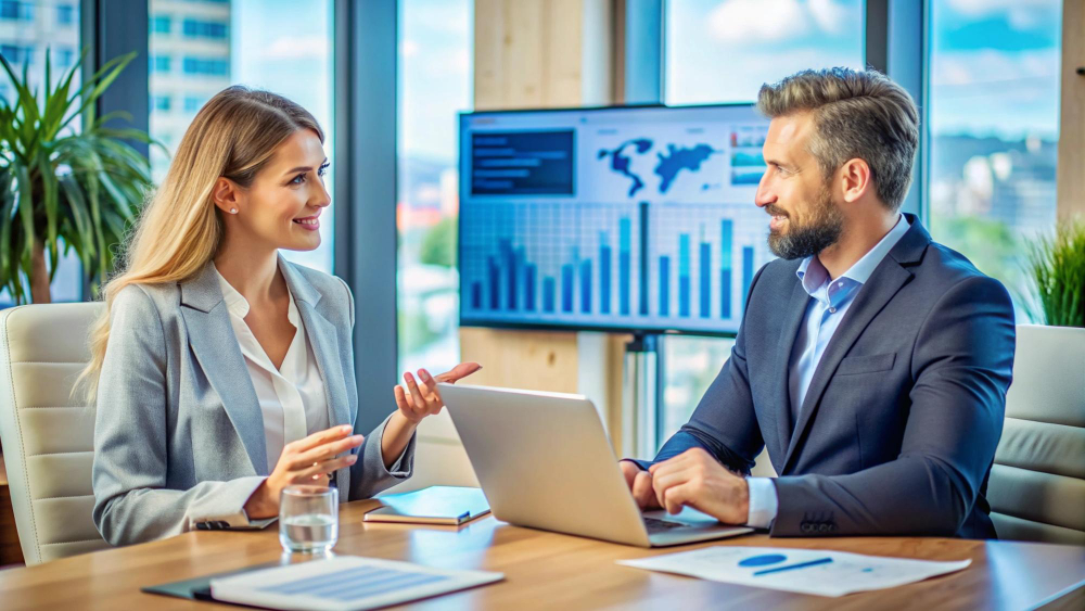 A man and woman in business attire engage in a professional conversation, symbolizing collaboration in business success.